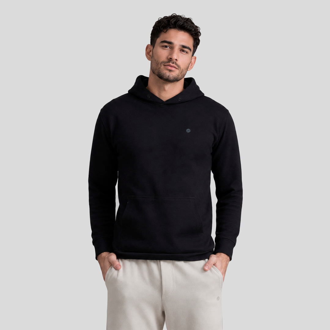 Sudadera deportiva con gorro y bolsillo canguro, color negro, vista frontal hombre
