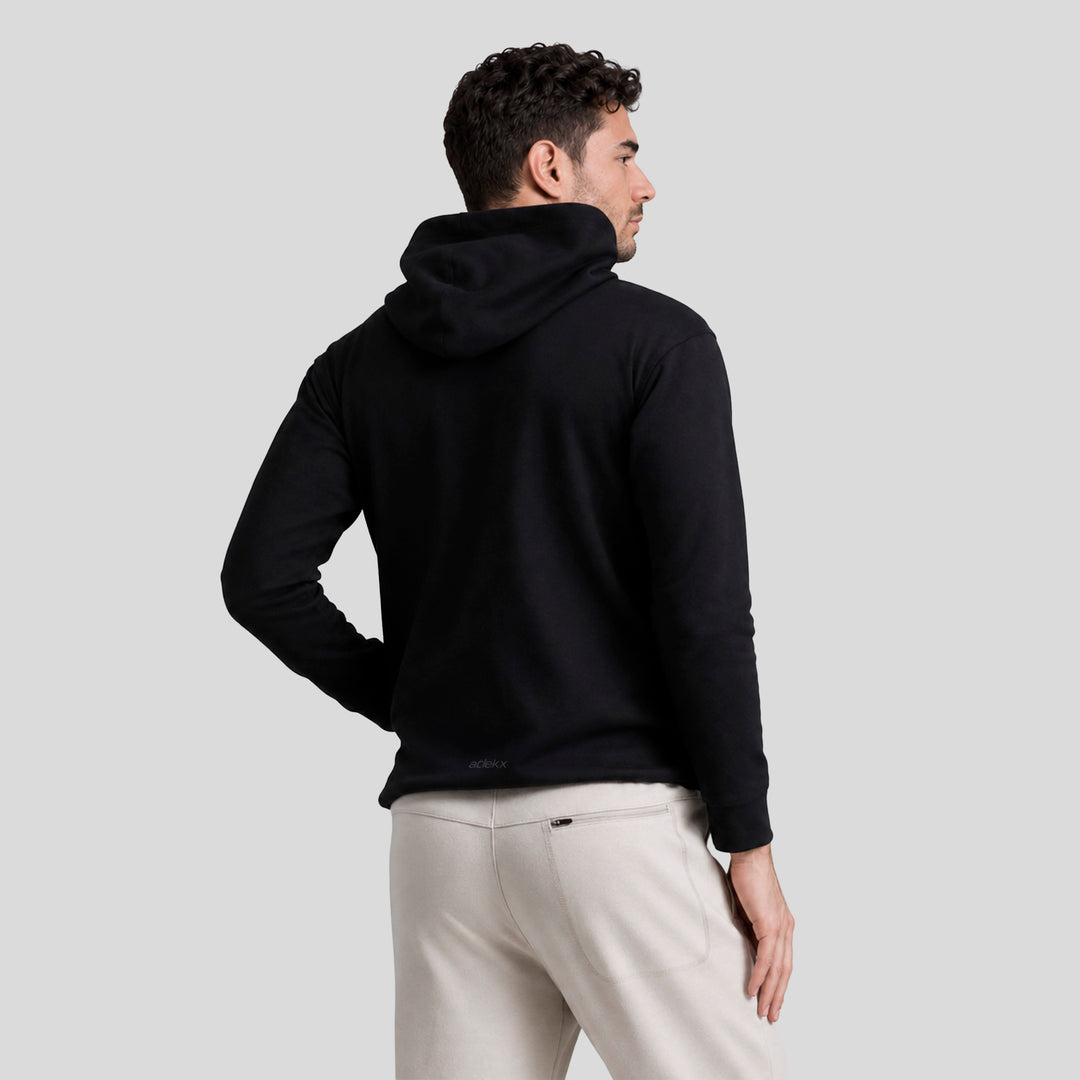 Sudadera con gorro y bolsillo canguro, color negro, vista trasera para hombre