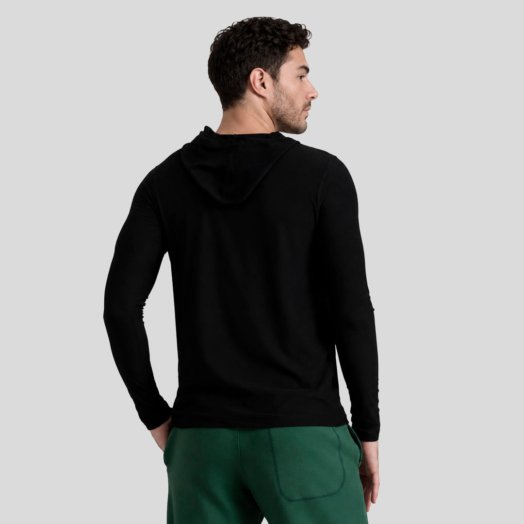 Sudadera deportiva ligera con capucha negra, vista trasera, manga larga