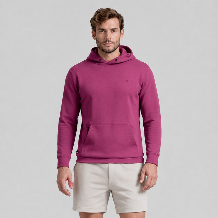 Sudadera deportiva con gorro y bolsillo canguro, tono berenjena, vista frontal