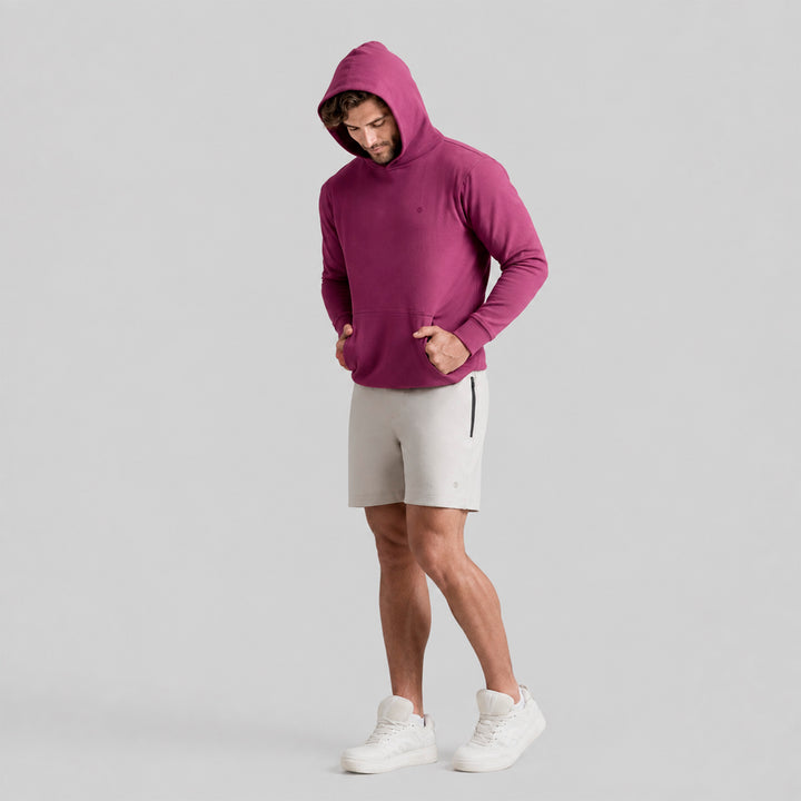 Sudadera deportiva con gorro y bolsillo canguro, berenjena, vista inclinada