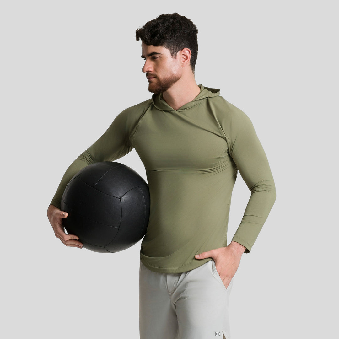 Playera deportiva de manga larga con capucha, verde olivo, hombre, con pelota
