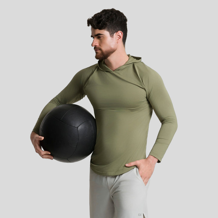 Playera deportiva de manga larga con capucha, verde olivo, hombre, con pelota