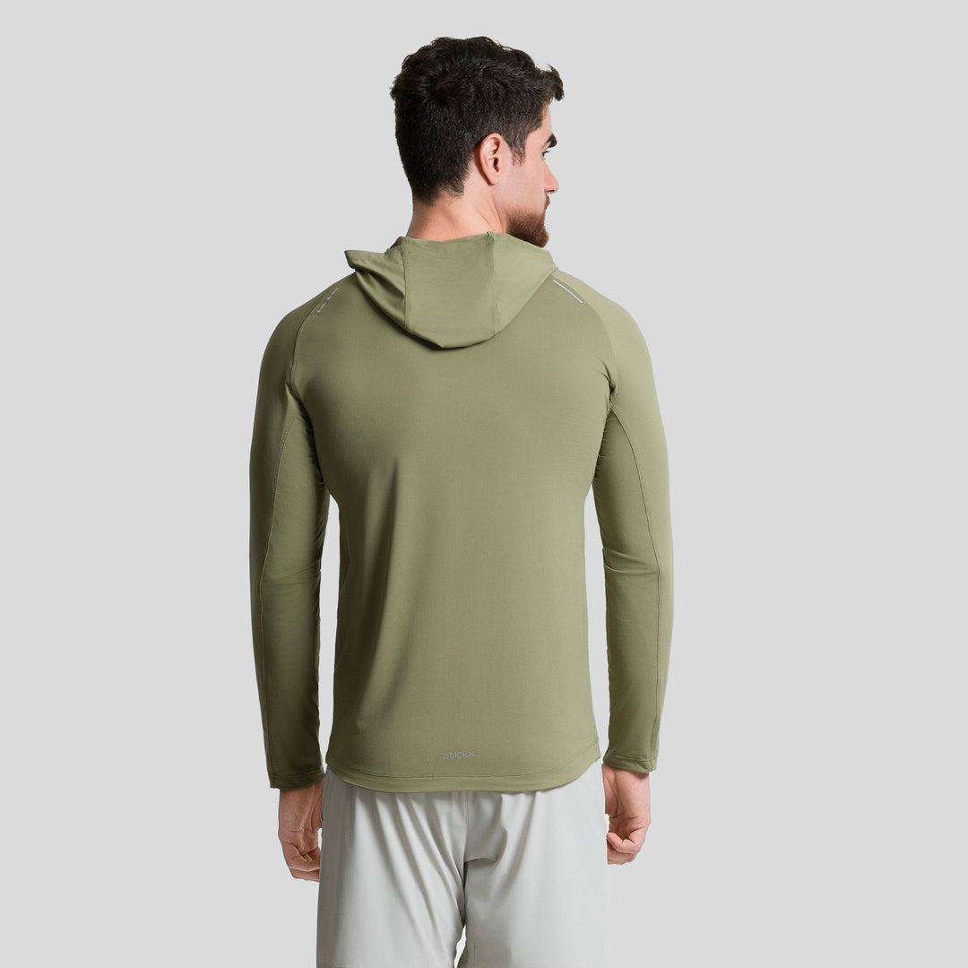 Playera deportiva de manga larga con capucha verde oliva, hombre, ATLEKX