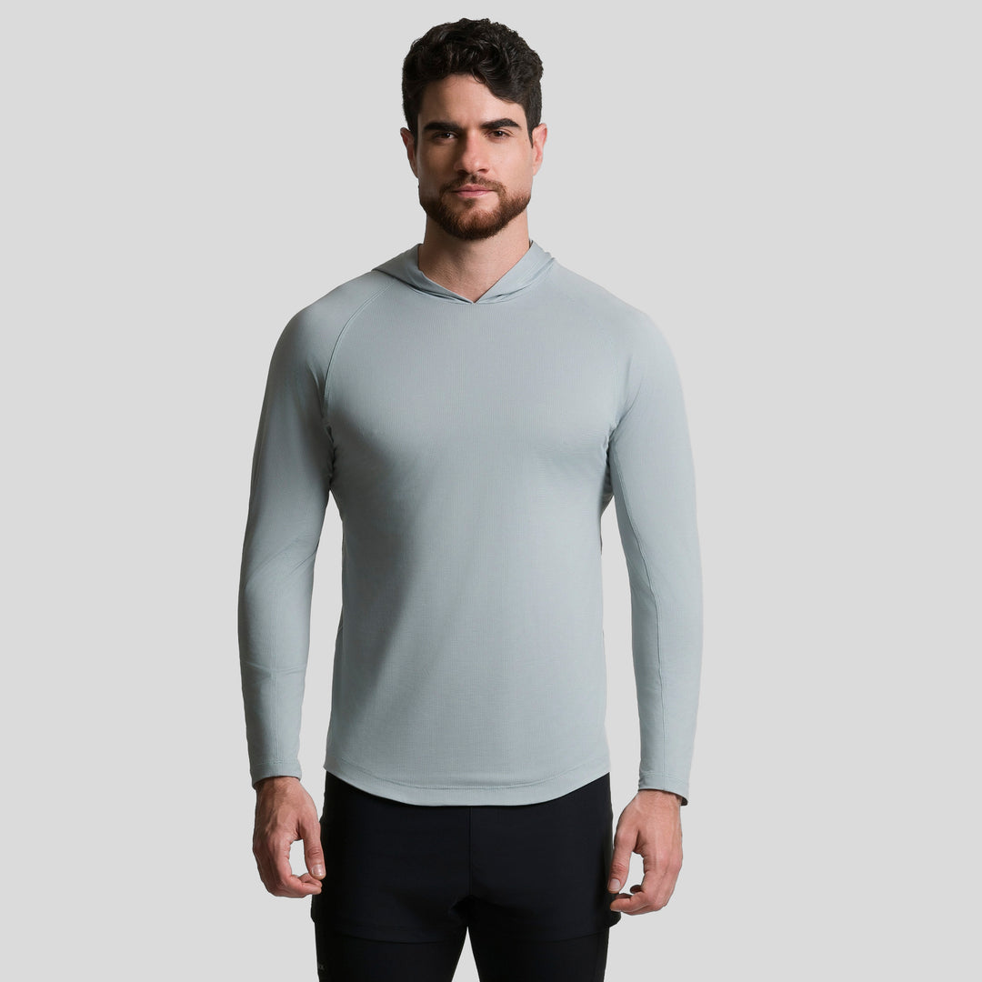 Playera deportiva de manga larga con capucha, azul claro, hombre, frente