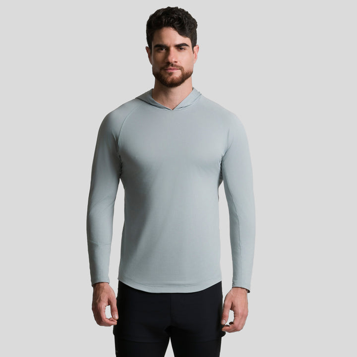 Playera deportiva de manga larga con capucha, azul claro, hombre, frente