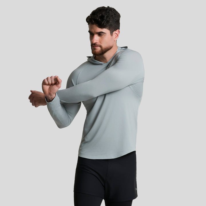 Playera deportiva de manga larga con capucha, azul claro, hombre, vista lateral
