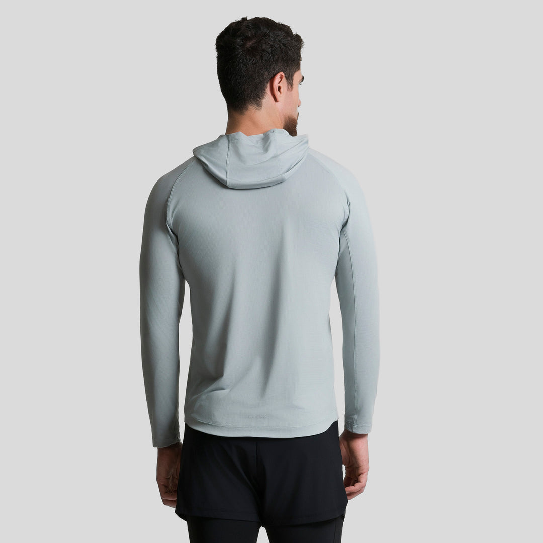 Playera deportiva de manga larga con capucha, azul claro, hombre, vista trasera