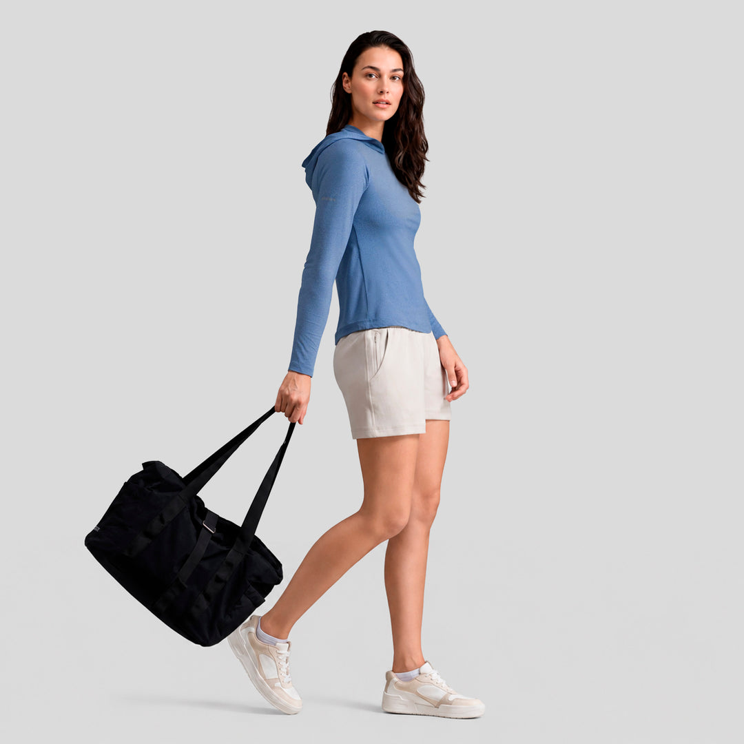 Sudadera deportiva ligera azul acero con capucha, de manga larga