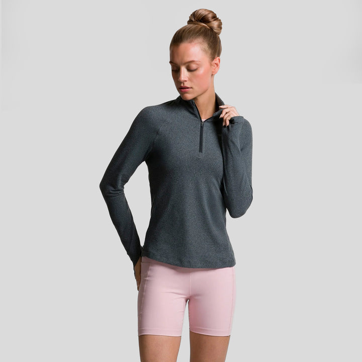 Sudadera deportiva mujer gris oscuro half zip con manga larga y cuello alto