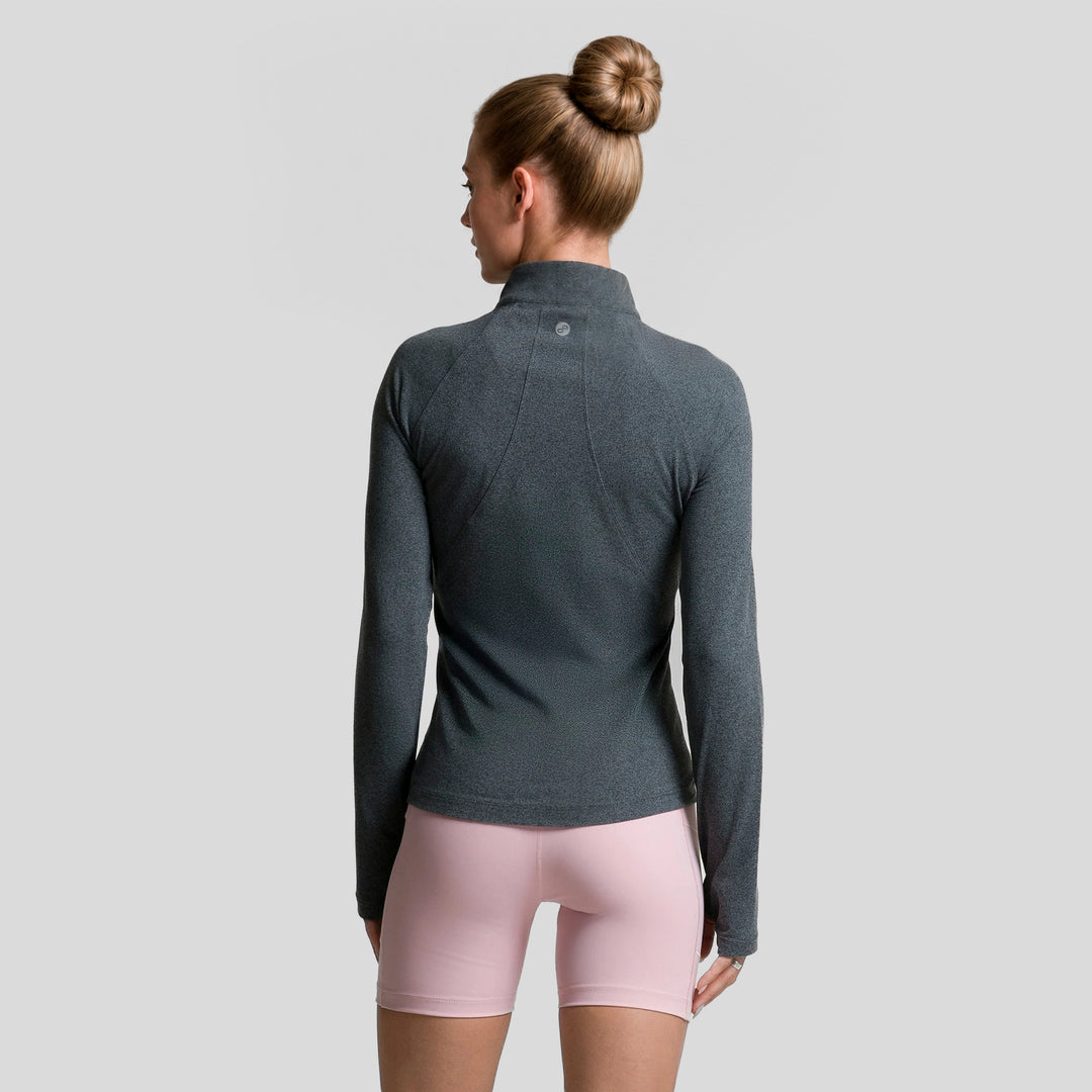 Sudadera deportiva mujer gris oscuro con cremallera media, vista trasera