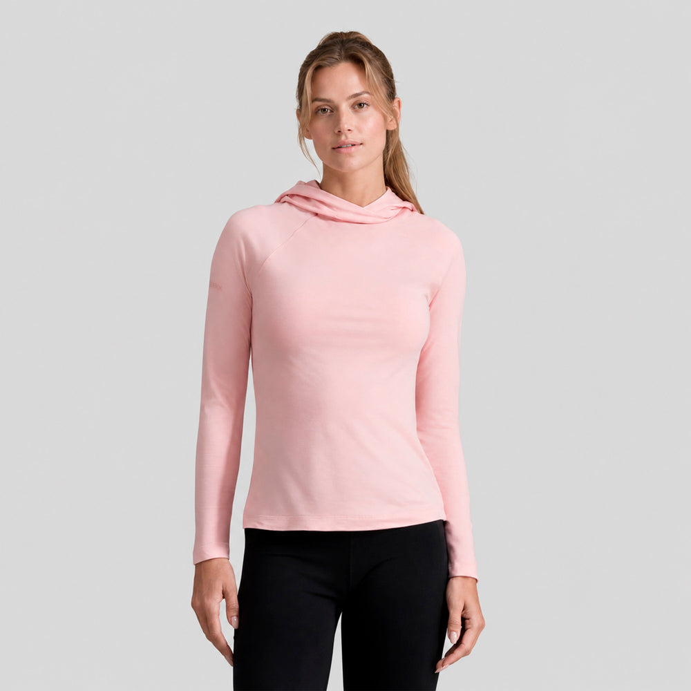 Sudadera deportiva ligera rosa claro con capucha y cuello alto