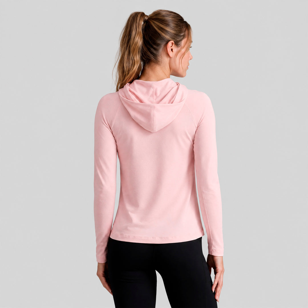 Sudadera deportiva ligera rosa claro con capucha, vista trasera