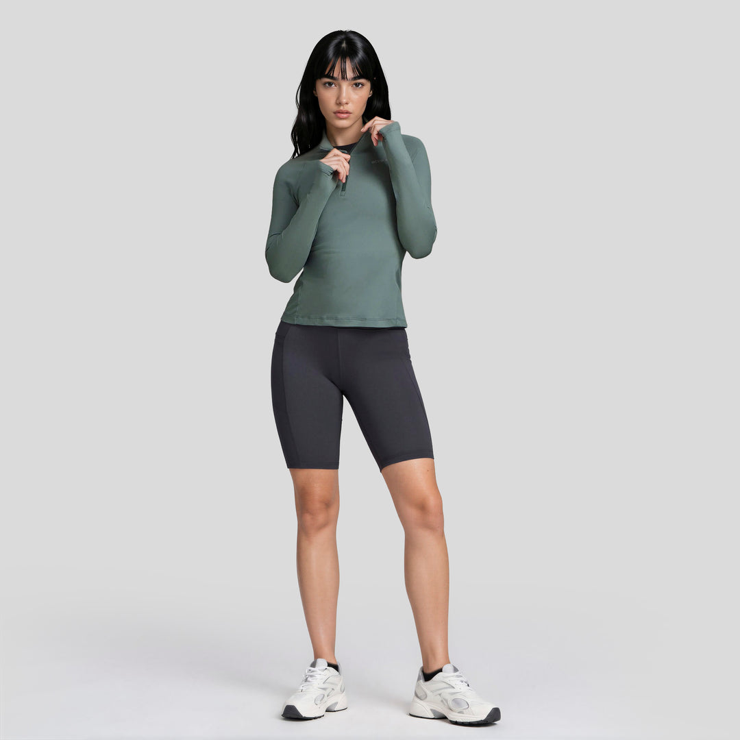 Sudadera deportiva verde con cremallera 1/2 y cuello alto, manga larga