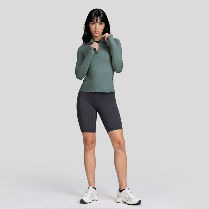 Sudadera deportiva verde con cremallera 1/2 y cuello alto, manga larga