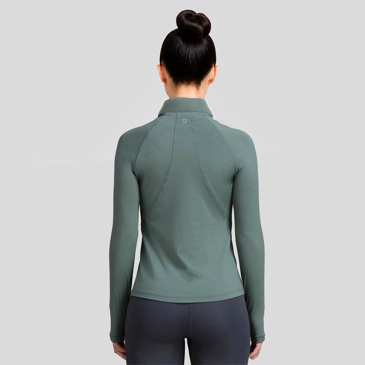 Sudadera deportiva mujer verde con cremallera media, vista trasera