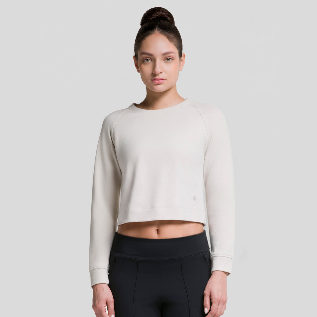 Sudadera corta beige Parchment de mujer con cuello redondo y puños acanalados