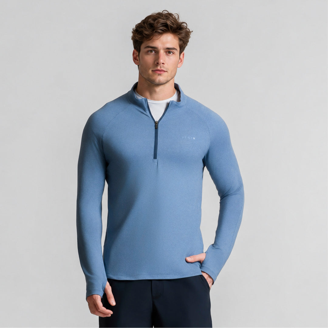 Sudadera deportiva azul para hombre con cremallera media frontal y manga larga.