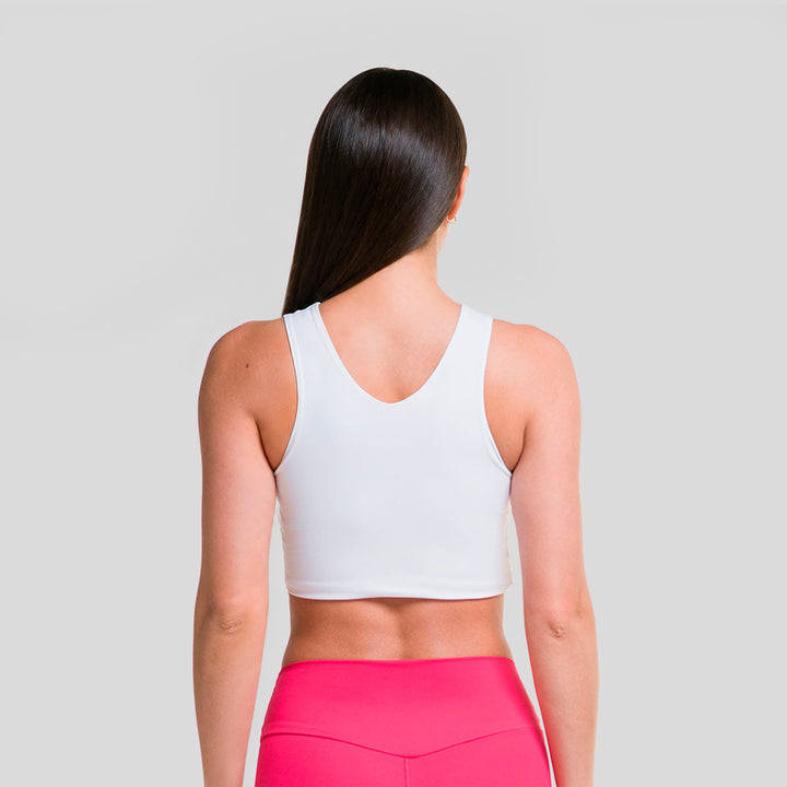 Top deportivo sin mangas mujer color blanco, espalda en V