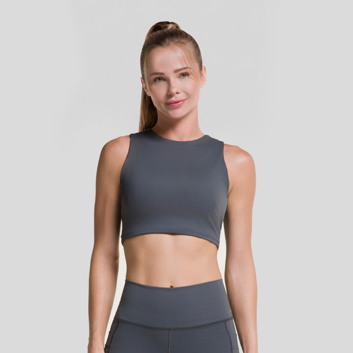 Top deportivo sin mangas mujer gris oscuro, cuello redondo