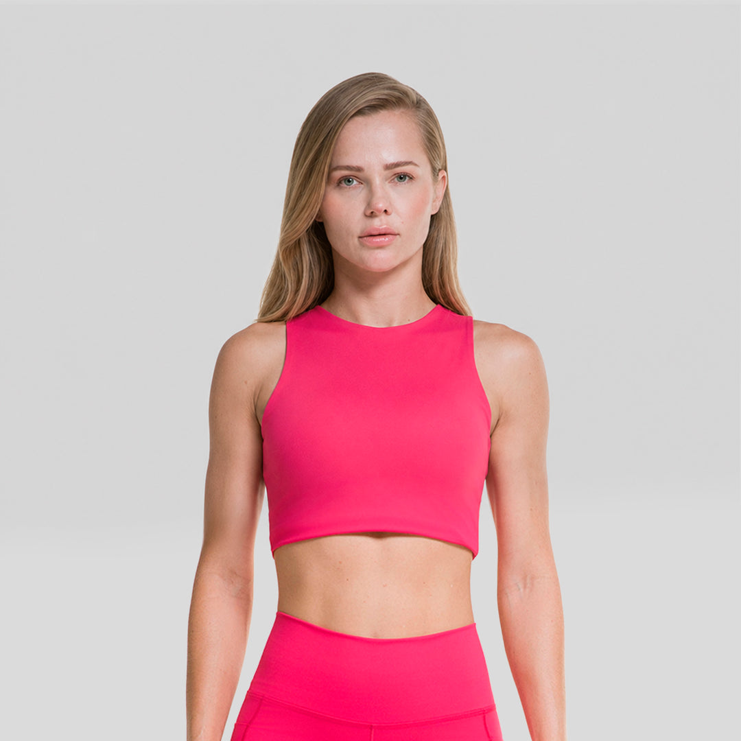Top deportivo sin mangas de mujer fucsia, frontal con escote redondo