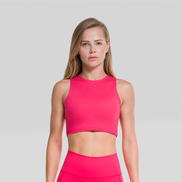 Top deportivo sin mangas de mujer fucsia, frontal con escote redondo