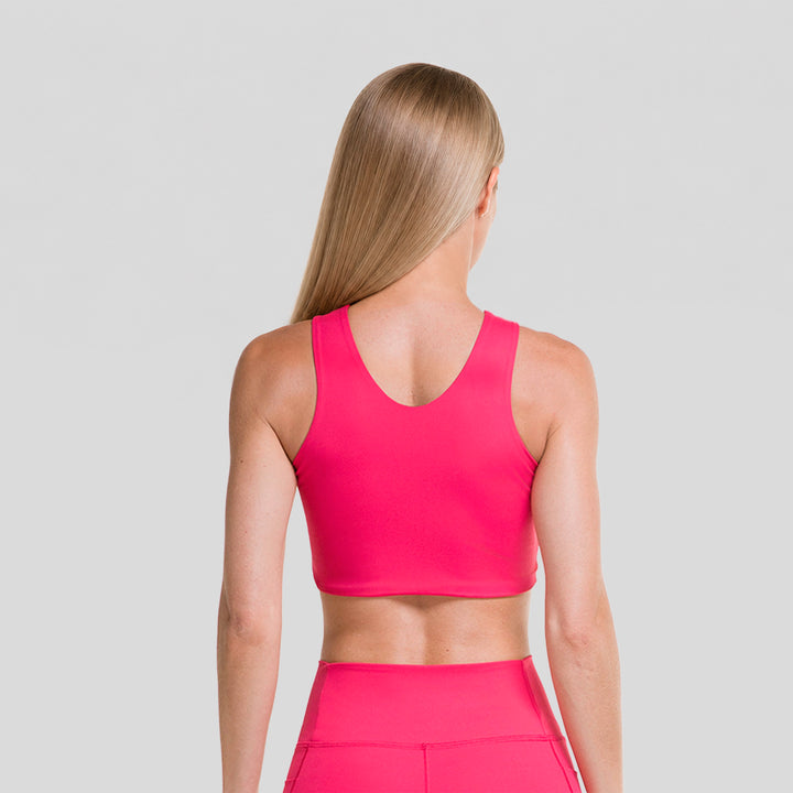 Top deportivo sin mangas de mujer fucsia, vista trasera con espalda descubierta