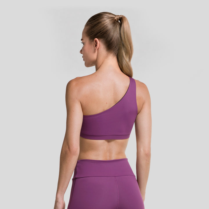 Top deportivo asimétrico de mujer ATLEKX, morado, espalda con tirante único