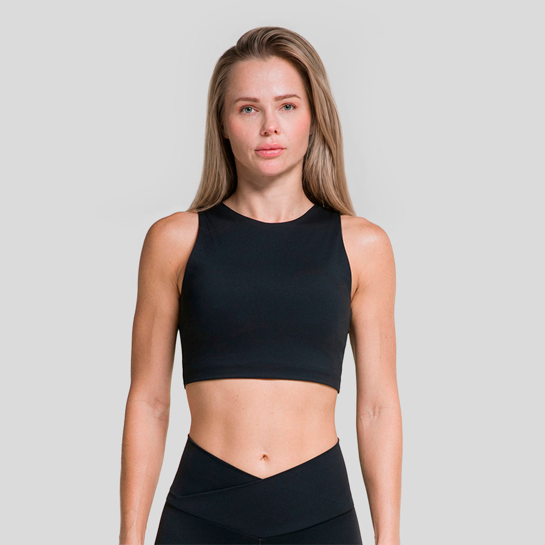 Top deportivo sin mangas negro para mujer, corte alto y ajustado