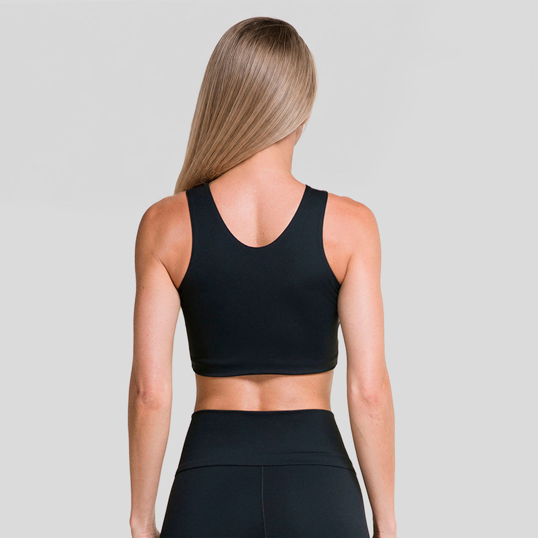 Top deportivo ATLEKX negro sin mangas, espalda con escote en U